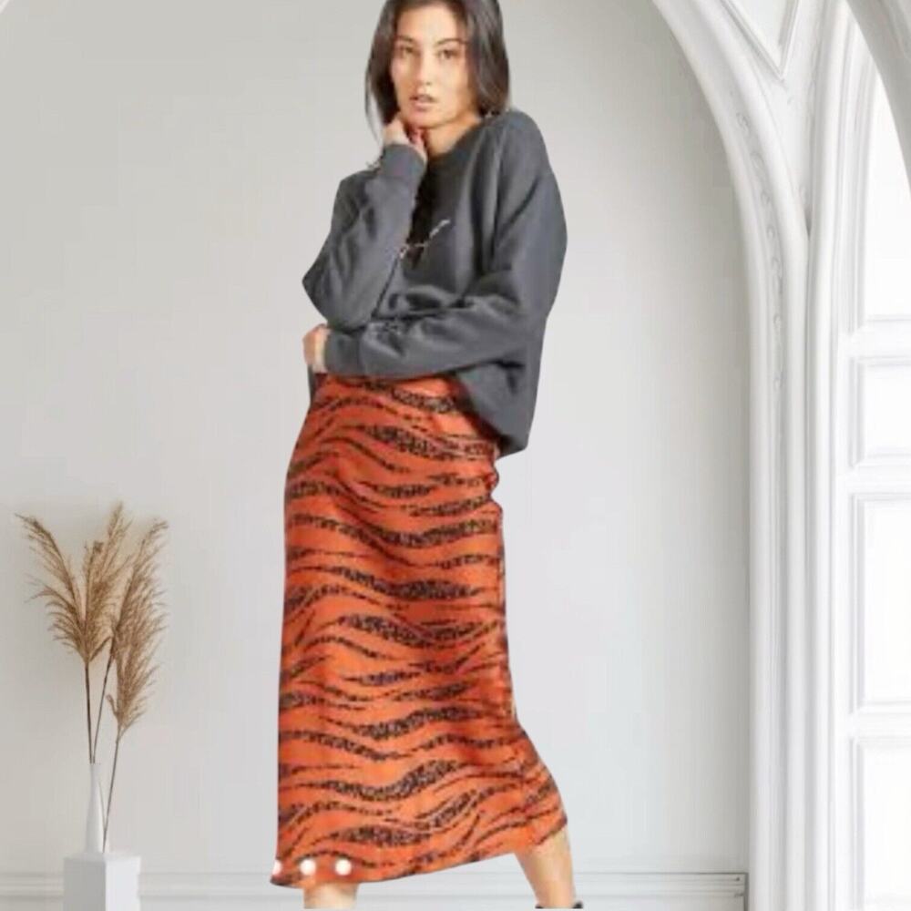 Anine Bing rust zebra bar 100% silk Pull On Midi skirt Size Small Sexy $299